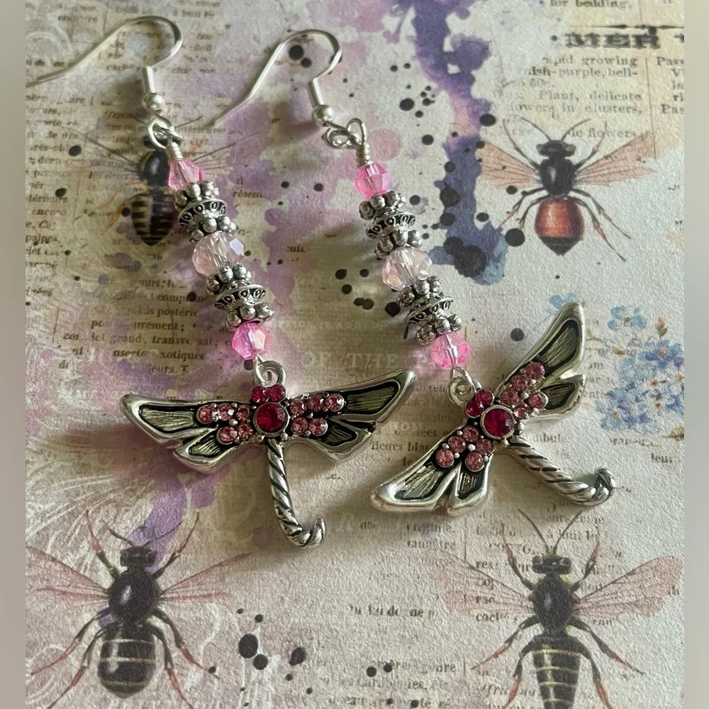 Pink and Silver Dragonfly Earrings - Picture 3 of 5